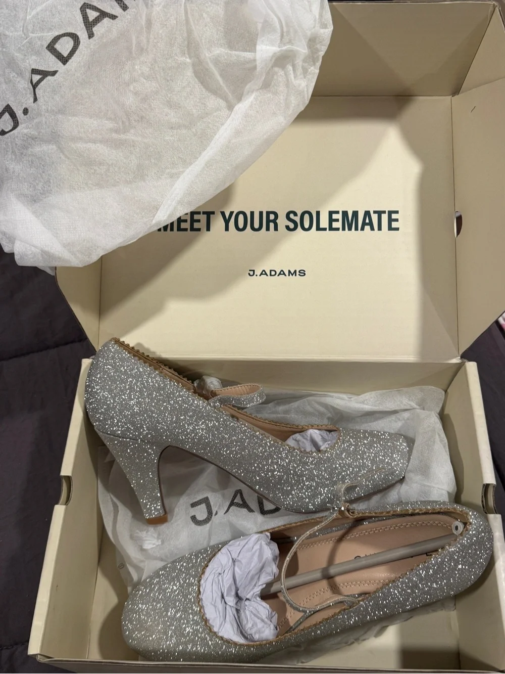 J. Adams Honey Silver Glitter Mary Jane Heels with Ankle Strap